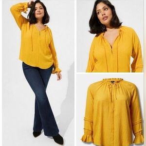 Torrid Yellow Stripe Gauze Front Tie Lace-Up Peasant Blouse Size 4X‎